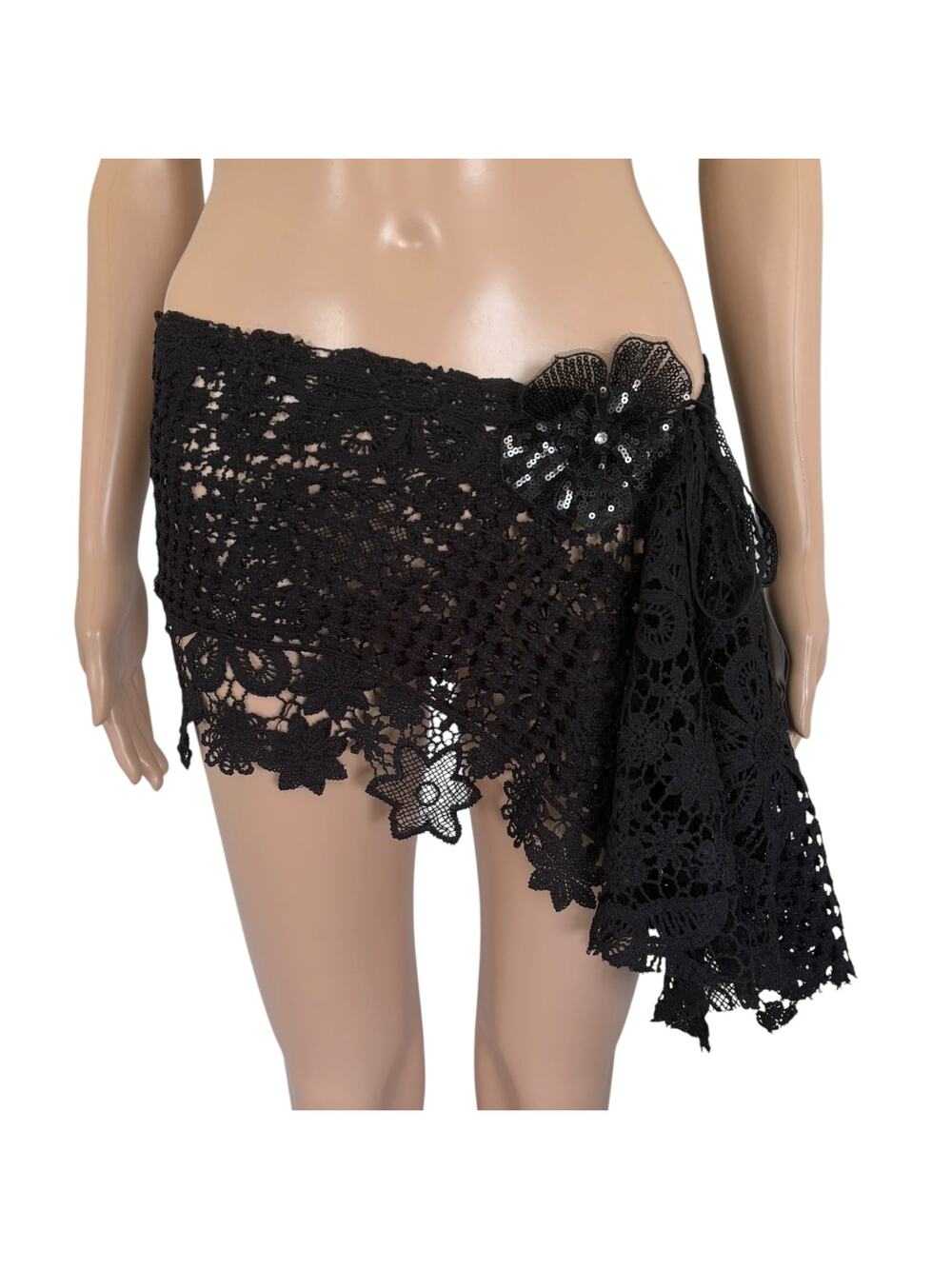 Upcycled Floral Crochet Wrap Micro Skirt Sheer Goth Fairy Ibiza Beach  S Black
